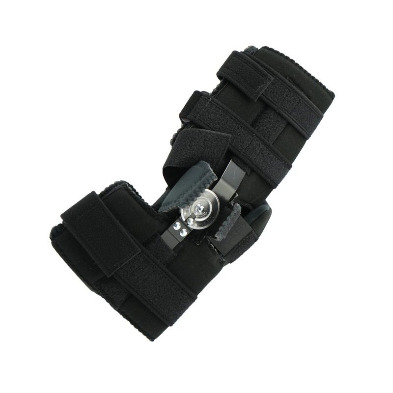Black orthopedic Flex Pop Elbow brace with adjustable straps and metal hinge, made in the USA, RCAI logo visible on hinge.