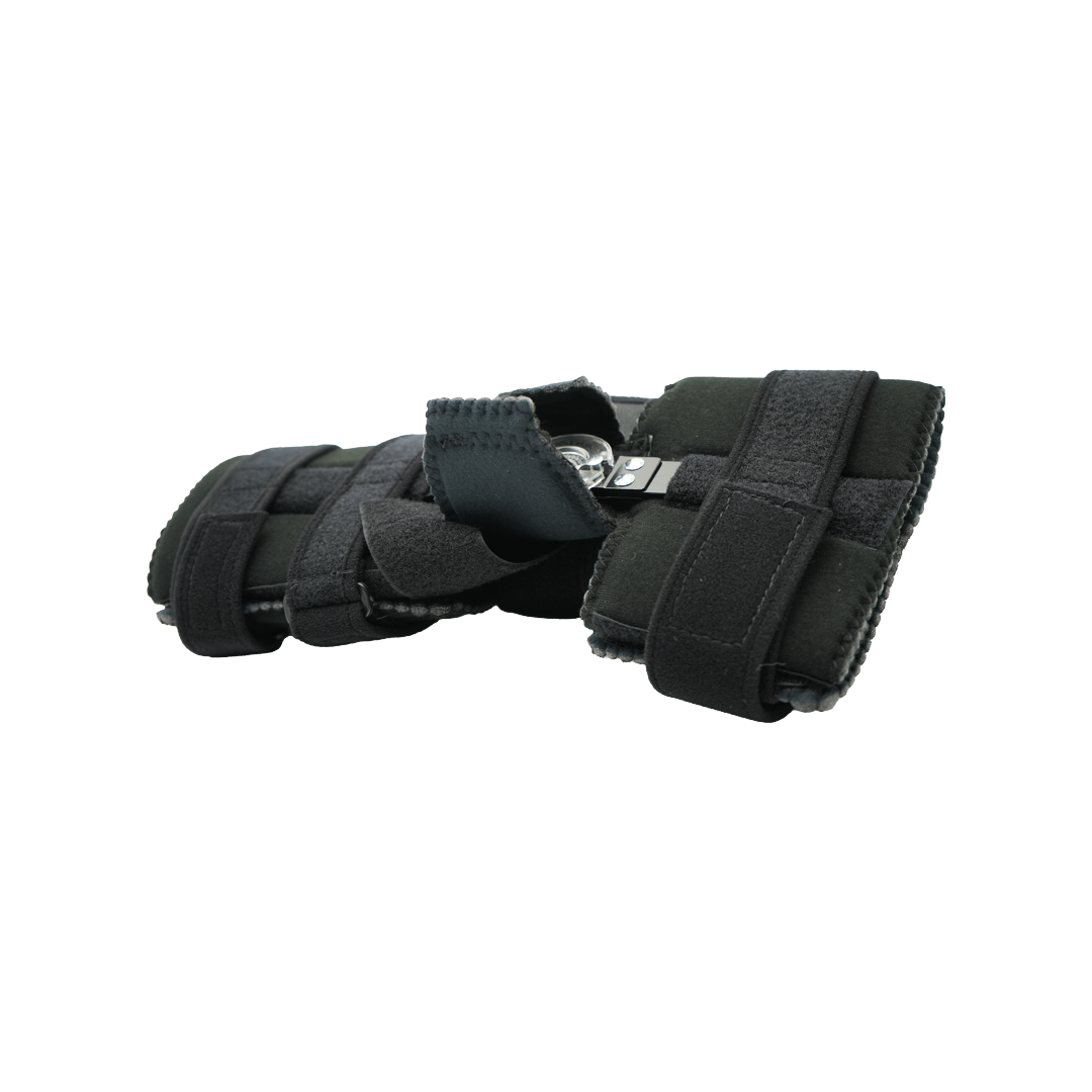Black adjustable elbow brace with multiple secure straps and cushioned padding.