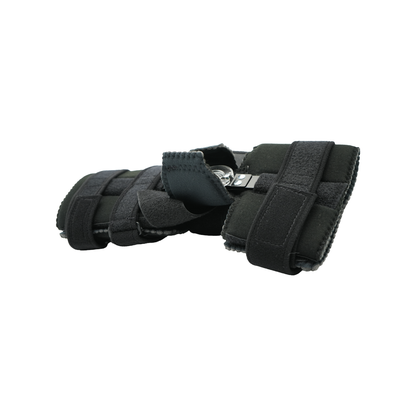 Black adjustable elbow brace with multiple secure straps and cushioned padding.