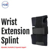Black adjustable wrist extension splint with breathable fabric and velcro straps, made in the USA by RCAI.