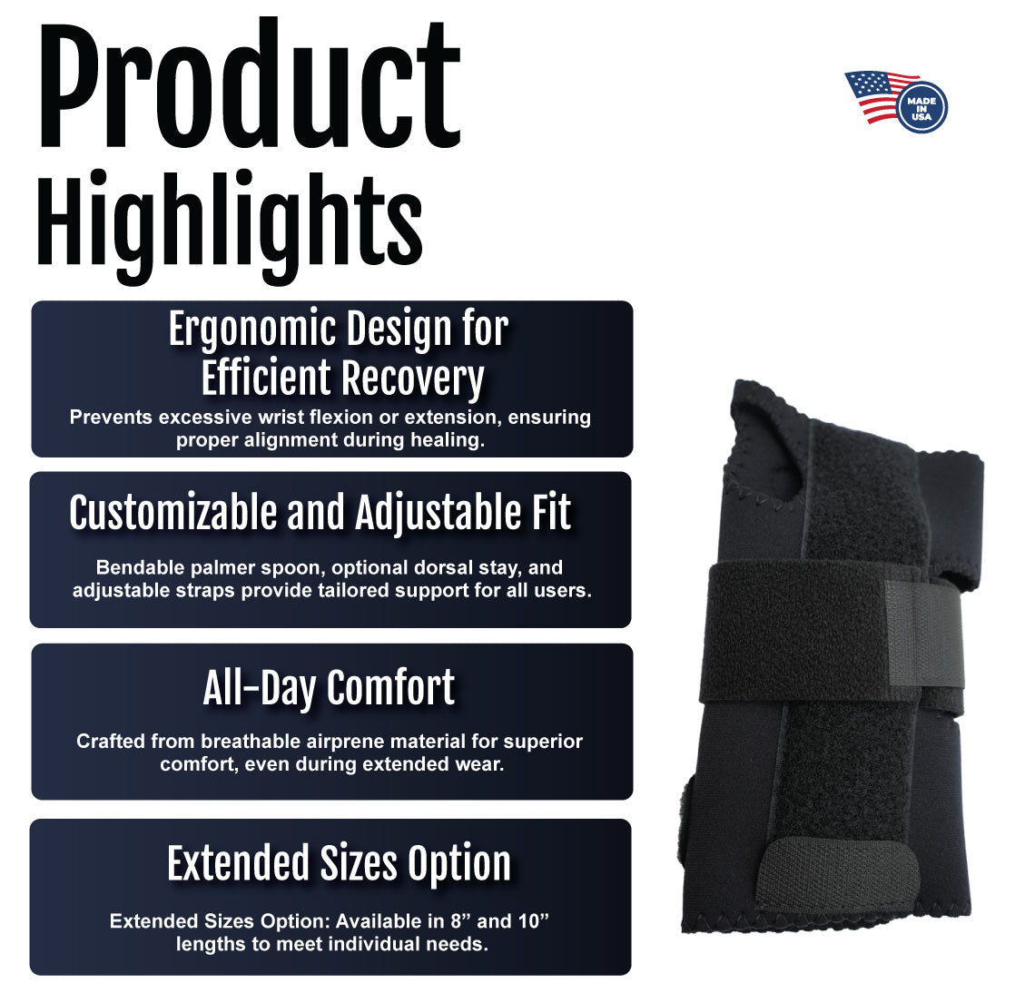 White and navy ergonomic wrist extension splint with adjustable straps and breathable material on white background.