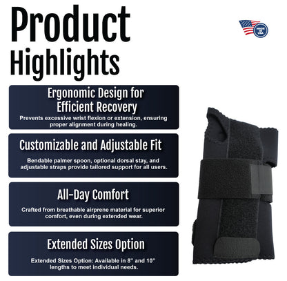 White and navy ergonomic wrist extension splint with adjustable straps and breathable material on white background.