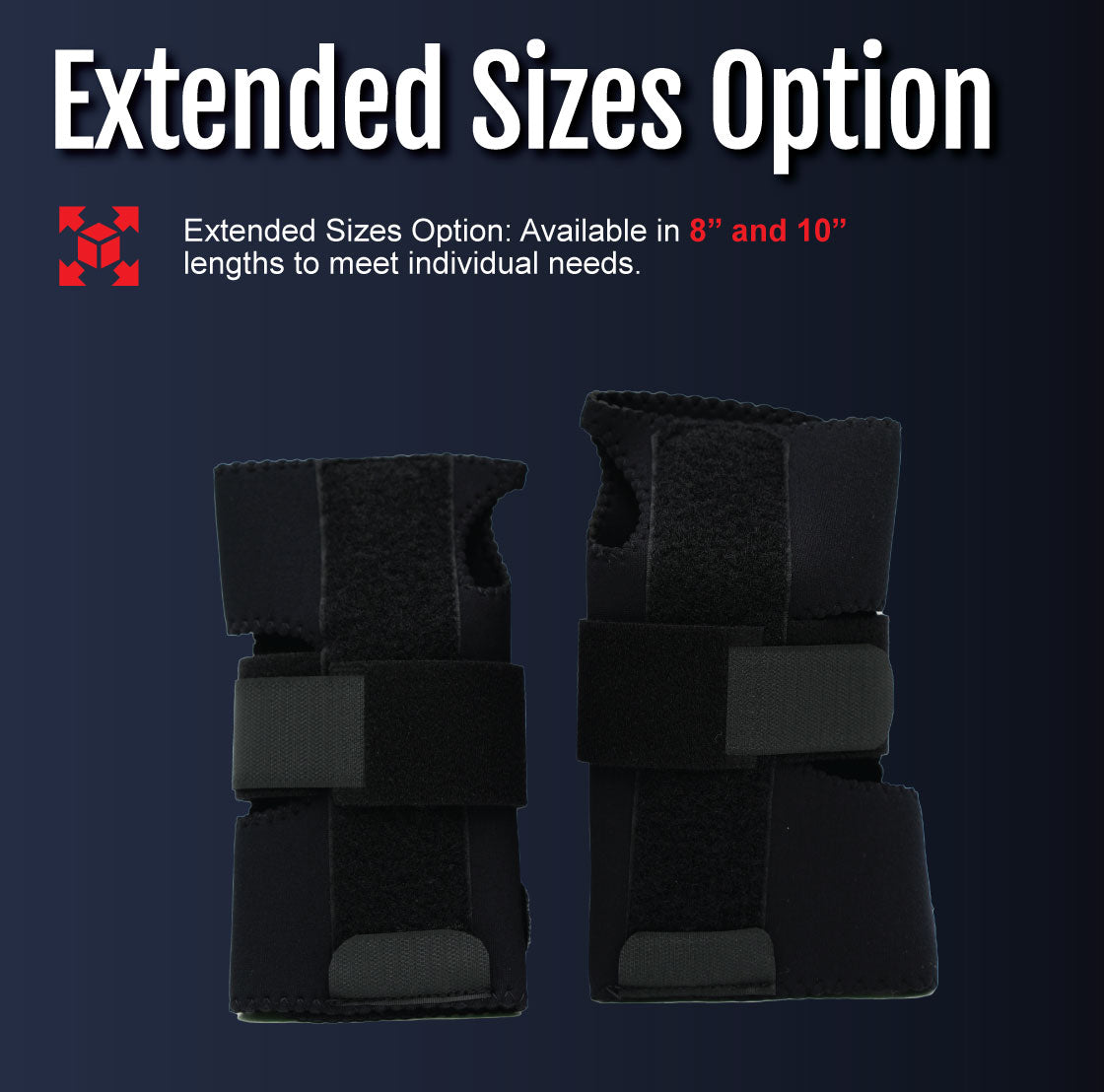Pair of black adjustable wrist extension splints with breathable fabric and secure straps on dark background labeled.