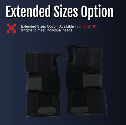 Pair of black adjustable wrist extension splints with breathable fabric and secure straps on dark background labeled.