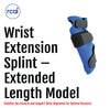 Blue wrist extension splint with extended length, black adjustable straps for secure fit.