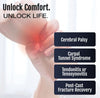 Hand gripping wrist with red glow highlighting pain areas, list of conditions treated by RCAI wrist extension splint, made.