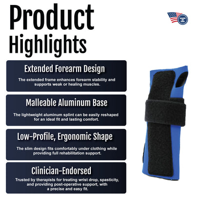 Wrist extension splint features extended forearm design with blue and black molded aluminum base and adjustable straps.