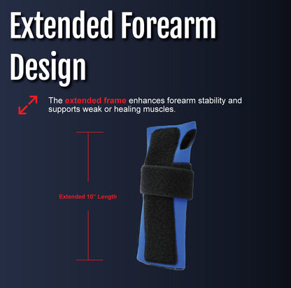 Blue and black extended length wrist extension splint with adjustable straps and foam padding.