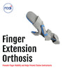 Gray and blue finger extension orthosis splint with adjustable straps on hand model.