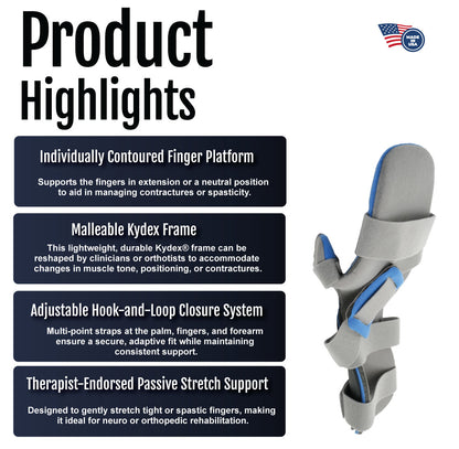 Gray and blue finger extension orthosis with adjustable straps and molded support structure.