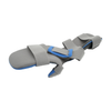 Gray and blue finger extension orthosis with adjustable straps and padded splint for finger support.