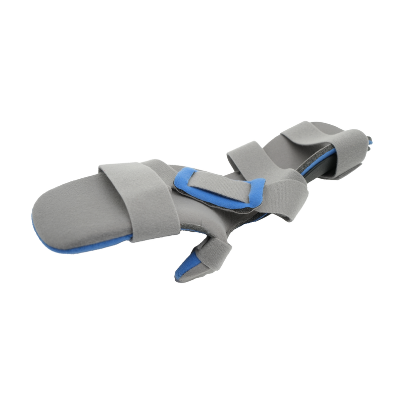 Gray and blue finger extension orthosis with adjustable straps and padded splint for finger support.