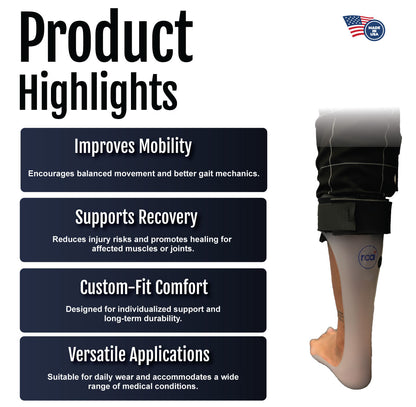 Black RCAI ankle foot orthosis with adjustable straps and rigid support panel.