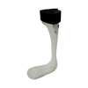 White rigid ankle foot orthosis with black adjustable strap and contoured footplate design.