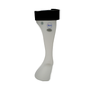 White rigid ankle foot orthosis with black padded strap and curved design for foot and lower leg support.