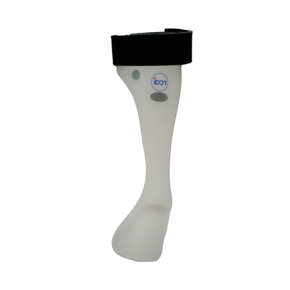 White rigid ankle foot orthosis with black padded strap and curved design for foot and lower leg support.
