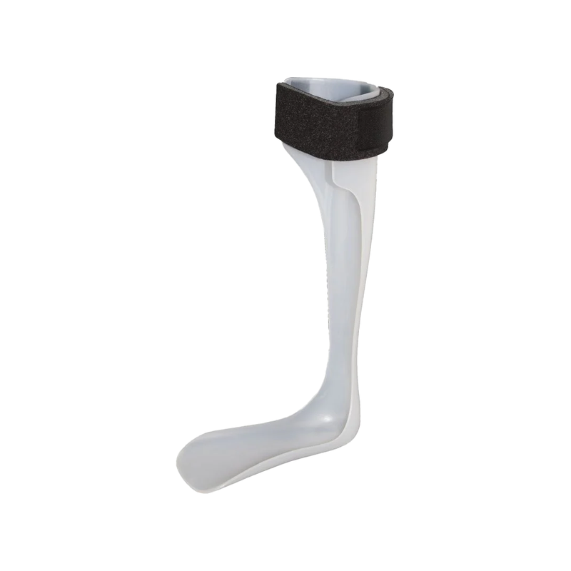 White rigid ankle foot orthosis with a cushioned calf strap and contoured footplate for support and stability.