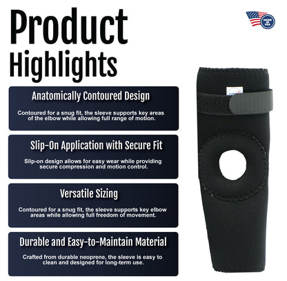 Black RCAI elbow sleeve with open patella design and adjustable velcro strap.