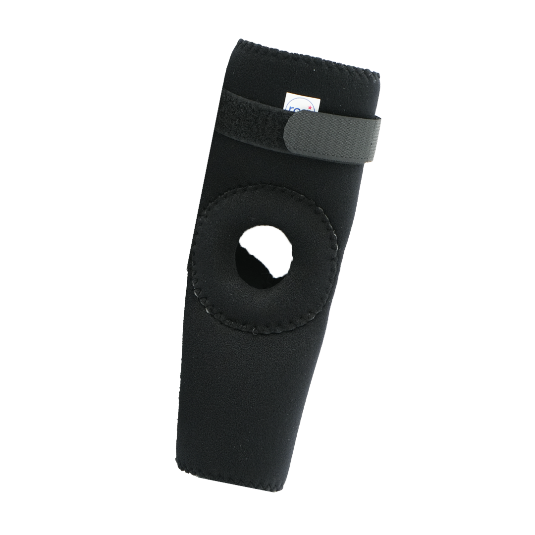 Black elbow sleeve with open circular patella-style cutout and adjustable Velcro strap.