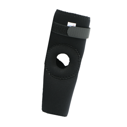 Black elbow sleeve with open circular patella-style cutout and adjustable Velcro strap.