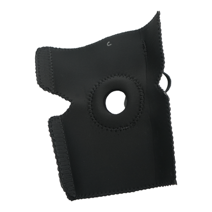 Black neoprene elbow sleeve with open circular patella-style cutout and reinforced stitching.