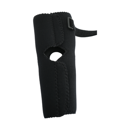 Black neoprene elbow sleeve with adjustable Velcro strap and open elbow design.