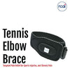 Black RCAI tennis elbow brace with adjustable strap and small white label, made in the USA, shown against white background.