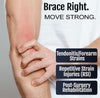 Close-up of a forearm wearing an RCAI tennis elbow brace in black, showing pain relief support for tendonitis; made in the.
