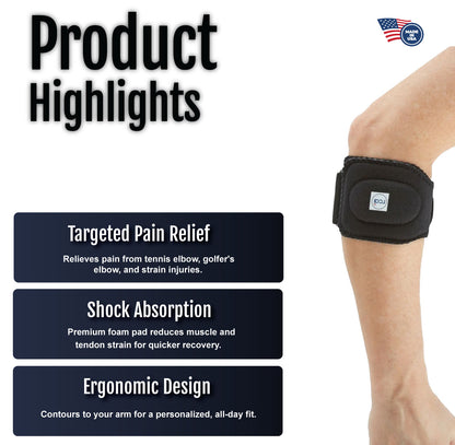 Black RCAI Tennis Elbow Brace with adjustable strap shown on forearm with product benefits text.