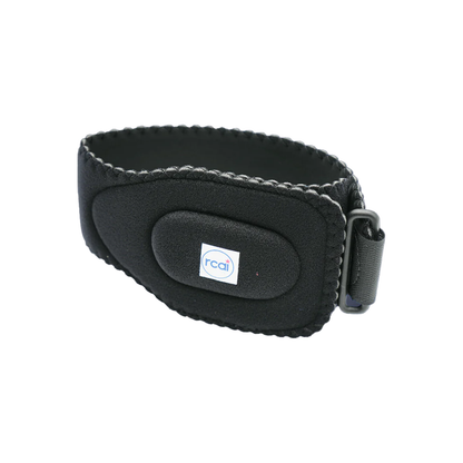 Black adjustable tennis elbow brace with cushioned pad and white RCAI logo on front.