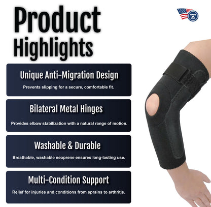 Black hinged elbow sleeve with adjustable straps and metal hinges for stabilization and pain relief.