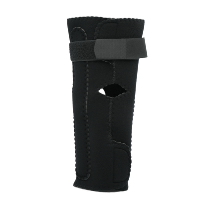 Black hinged elbow sleeve with adjustable strap and open elbow design for support and pain relief.