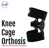 Black RCAI knee cage orthosis with adjustable straps and hinge support for genu recurvatum rehabilitation.