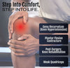 Close-up of a person's bent knee highlighted with red to indicate pain, hands gently holding the knee, with text describing.