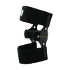 Black knee cage orthosis with adjustable straps and metal hinges for support and rehabilitation.