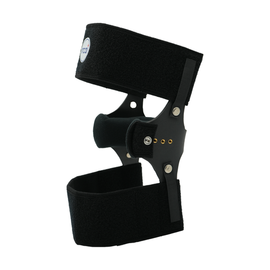 Black knee cage orthosis with adjustable straps and metal hinges for support and rehabilitation.