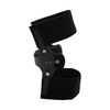 Black knee cage orthosis with adjustable velcro straps and metal frame support for rehabilitation.