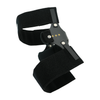 Black knee cage orthosis with adjustable straps and metal hinge for support and rehabilitation.