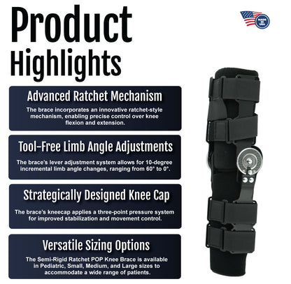 Black semi-rigid knee brace with adjustable ratchet strap and padded knee cap.