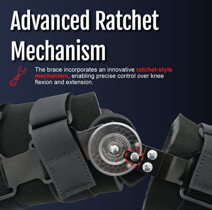 Black semi-rigid knee brace with adjustable ratchet mechanism and secure Velcro straps.