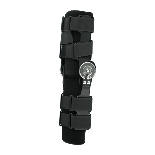 Black semi-rigid knee brace with adjustable ratchet hinge and four padded straps.