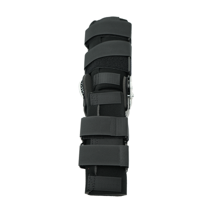 Black semi-rigid knee brace with adjustable ratchet straps and metal hinge support.