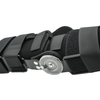 Black semi-rigid ratchet POP knee brace with adjustable Velcro straps and a silver circular ratchet mechanism, made in the.
