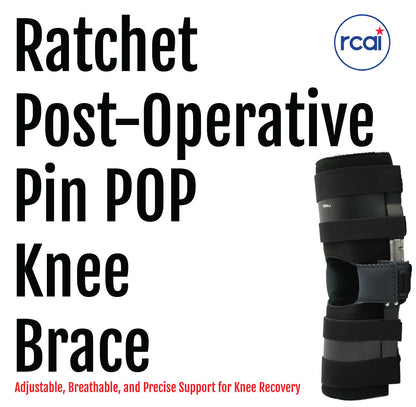 Adjustable black ratchet post-operative knee brace with multiple straps and hinges for controlled range of motion.