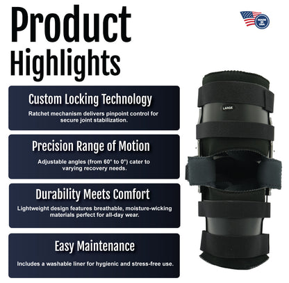 Black ratchet post-operative knee brace with adjustable straps and locking mechanism on white background.