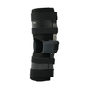 Black ratchet post-operative knee brace with adjustable range of motion, padded straps, lightweight design, marked made in.