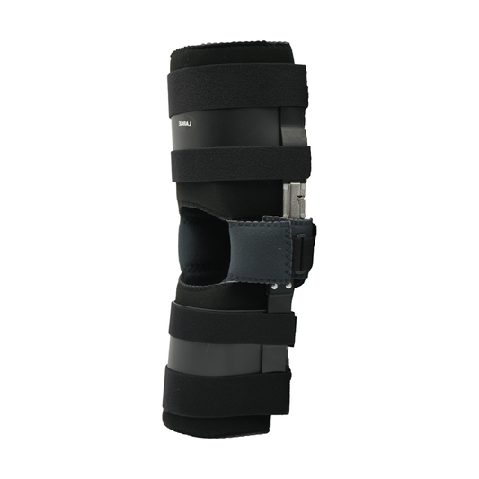 Black adjustable ratchet post-operative knee brace with padded straps and open patella design.