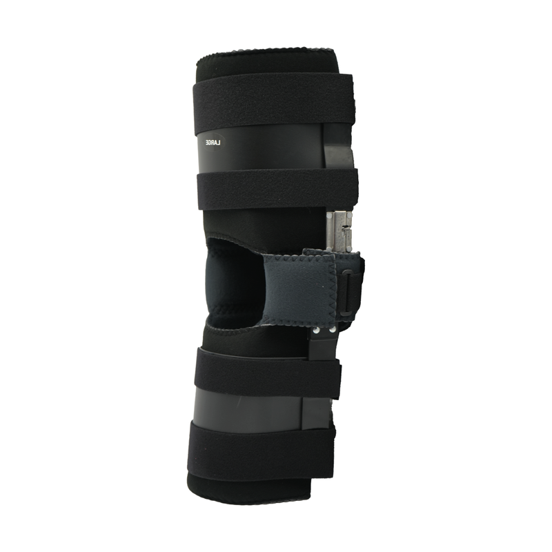 Black ratchet post-operative knee brace with adjustable range of motion, padded straps, lightweight design, marked made in.