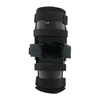Black ratchet post-operative knee brace labeled large, with adjustable padded straps and lightweight frame, made in the USA.