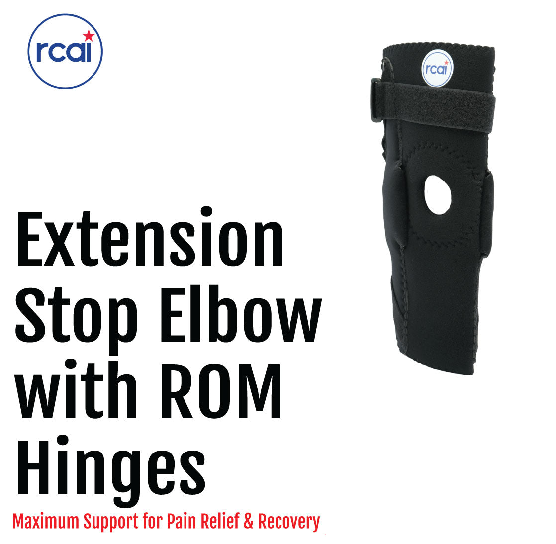 Black extension stop elbow brace with adjustable straps and circular hinge cutout.